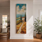 Vertical oil style painting of a Tuscany landscape featuring a winding dirt path leading to a small countryside villa with a red tiled roof surrounded by tall cypress trees. Rolling hills stretch into the distance beneath a dramatic sky filled with textured clouds, painted in expressive brushstrokes with warm earth tones and soft blue horizons.