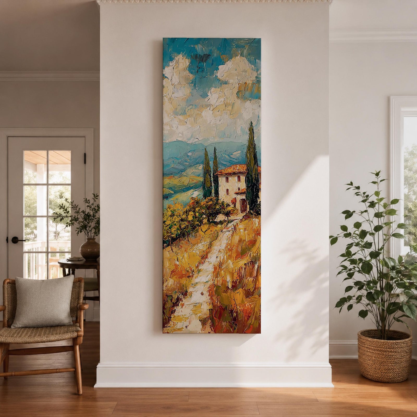 Vertical oil style painting of a Tuscany landscape featuring a winding dirt path leading to a small countryside villa with a red tiled roof surrounded by tall cypress trees. Rolling hills stretch into the distance beneath a dramatic sky filled with textured clouds, painted in expressive brushstrokes with warm earth tones and soft blue horizons.