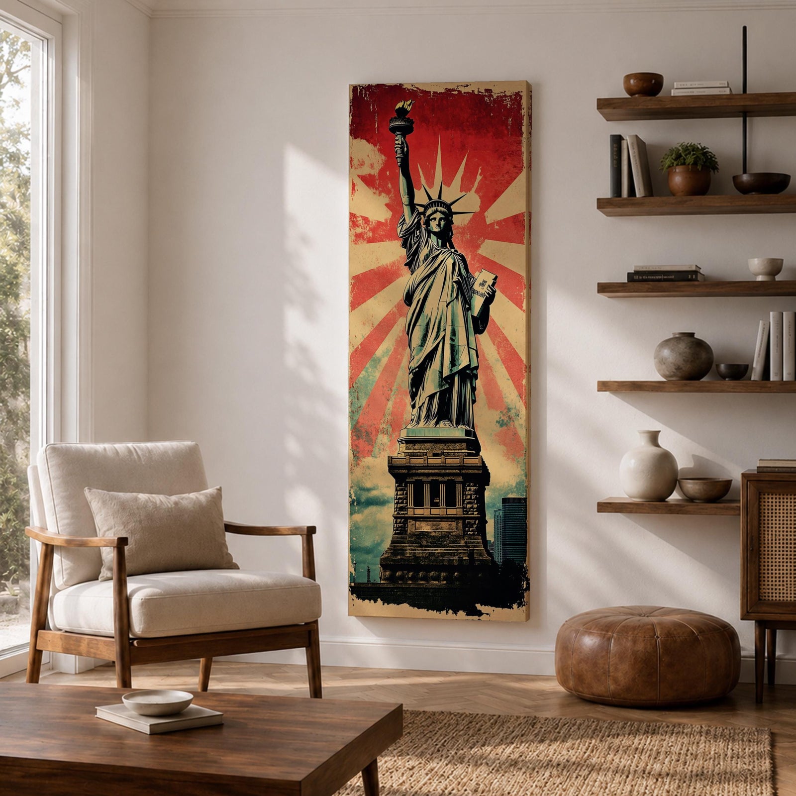 Long vertical retro poster style artwork featuring the Statue of Liberty standing on her pedestal holding the torch high with a tablet in her arm. Bold red sunburst rays radiate behind the monument while distressed textures and muted green tones create a vintage propaganda inspired illustration of the iconic New York landmark.