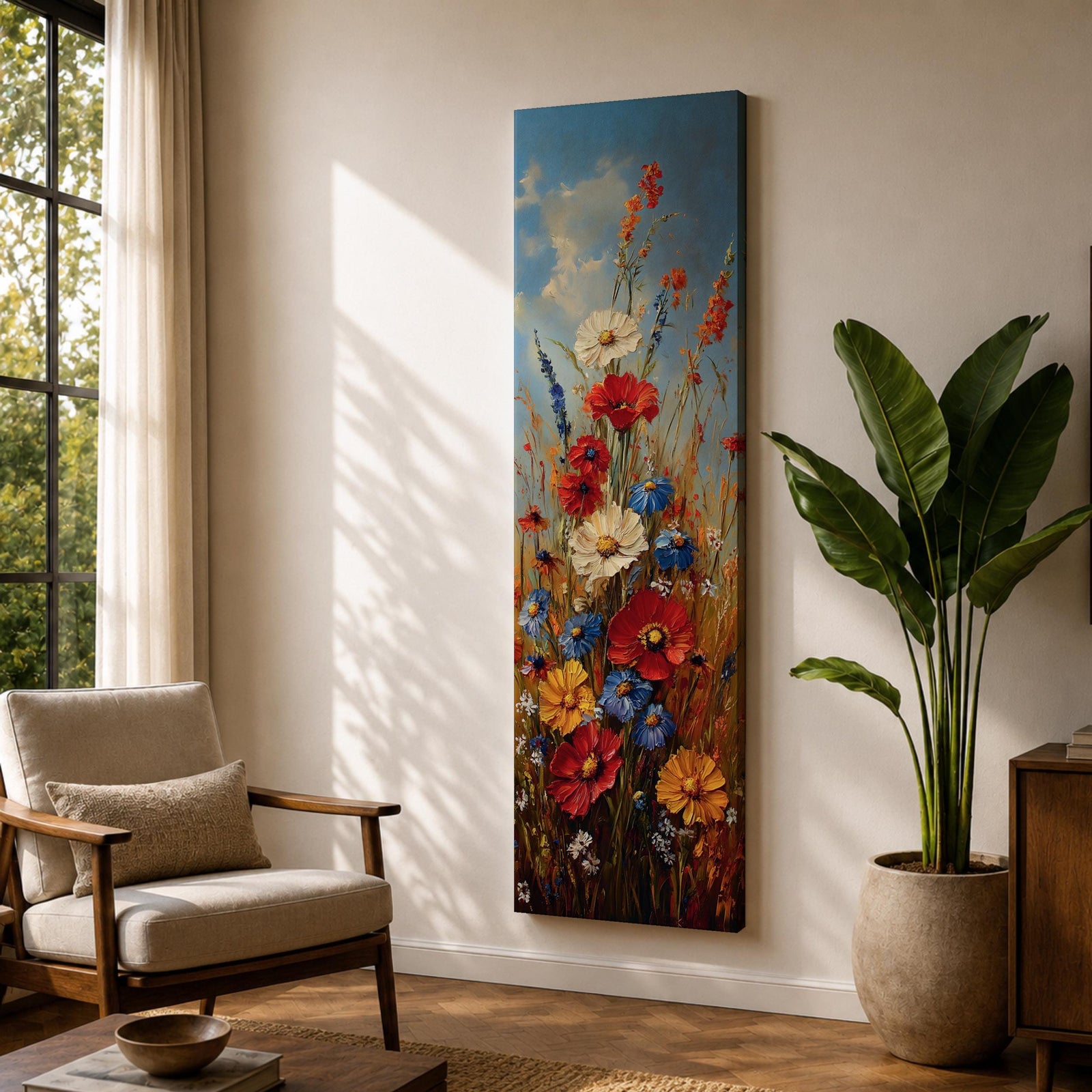 Long vertical painting of a wildflower meadow featuring red poppies, white daisies, blue cornflowers, and yellow blossoms rising through tall grasses beneath a soft blue sky with light clouds. The composition stacks colorful flowers upward in expressive brushstrokes creating a vertical botanical field scene.