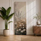 Long vertical painting of delicate wildflowers and daisies rising through tall meadow grasses in soft neutral tones. White petals with warm golden centers appear among slender stems and subtle foliage against a muted beige sky creating a calm botanical meadow composition with layered natural textures.