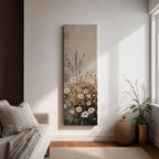 Long vertical painting of delicate wildflowers and daisies rising through tall meadow grasses in soft neutral tones. White petals with warm golden centers appear among slender stems and subtle foliage against a muted beige sky creating a calm botanical meadow composition with layered natural textures.