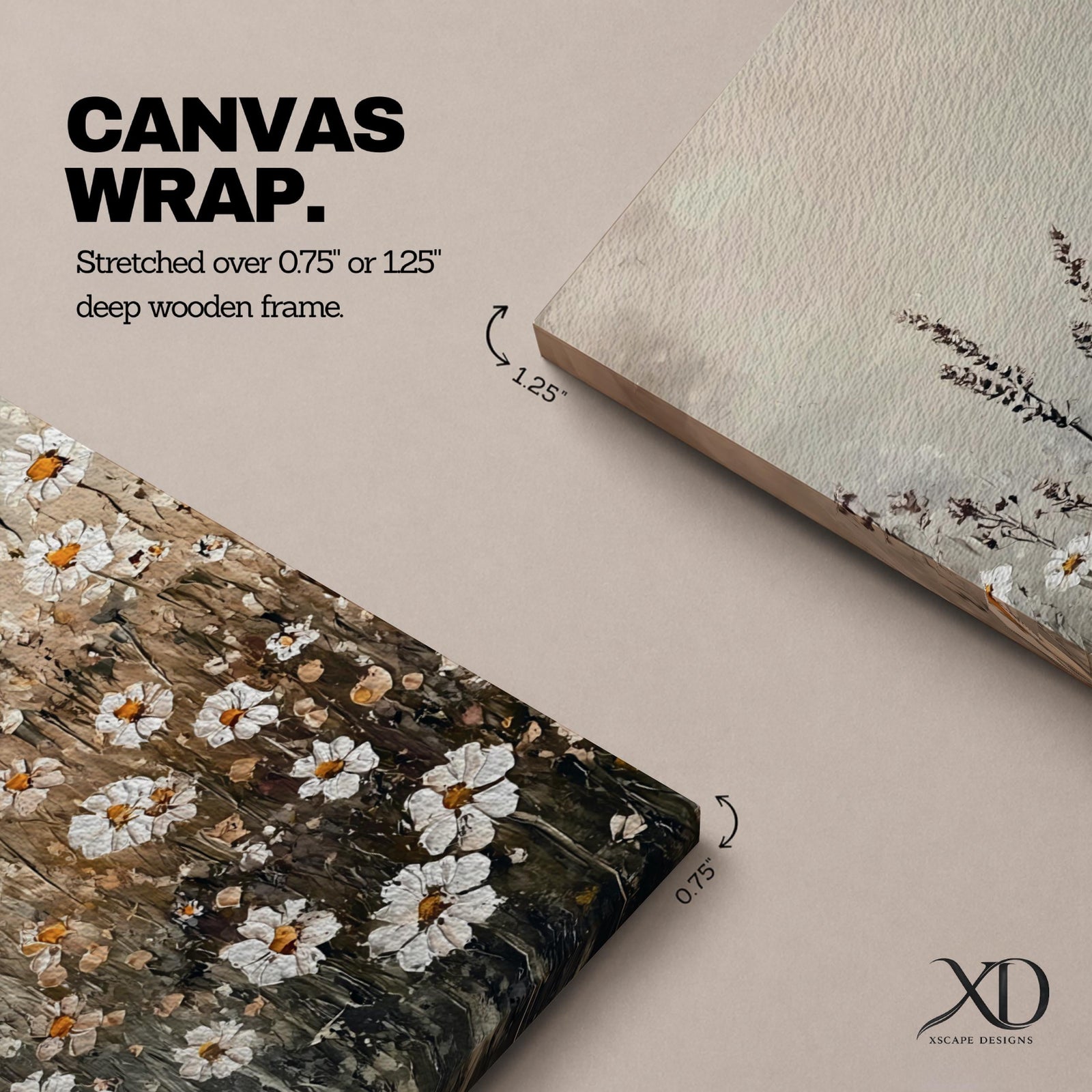 Long vertical painting of delicate wildflowers and daisies rising through tall meadow grasses in soft neutral tones. White petals with warm golden centers appear among slender stems and subtle foliage against a muted beige sky creating a calm botanical meadow composition with layered natural textures.