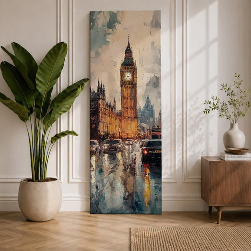Long vertical painting of Big Ben rising above Westminster with the illuminated clock tower reflecting across a rain soaked London street. Cars and city lights shimmer on wet pavement while expressive brushstrokes capture the moody atmosphere of an evening cityscape around the iconic landmark.