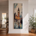Long vertical painting of Big Ben rising above Westminster with the illuminated clock tower reflecting across a rain soaked London street. Cars and city lights shimmer on wet pavement while expressive brushstrokes capture the moody atmosphere of an evening cityscape around the iconic landmark.