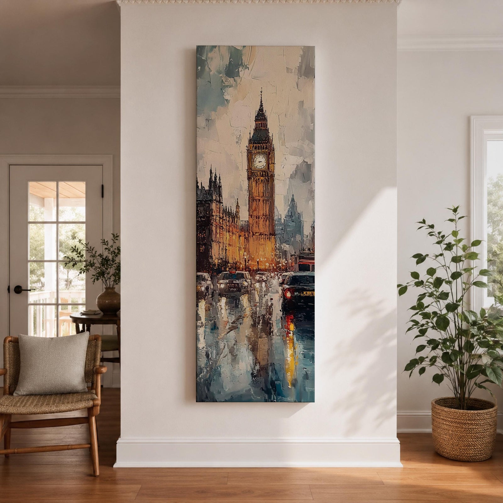 Long vertical painting of Big Ben rising above Westminster with the illuminated clock tower reflecting across a rain soaked London street. Cars and city lights shimmer on wet pavement while expressive brushstrokes capture the moody atmosphere of an evening cityscape around the iconic landmark.