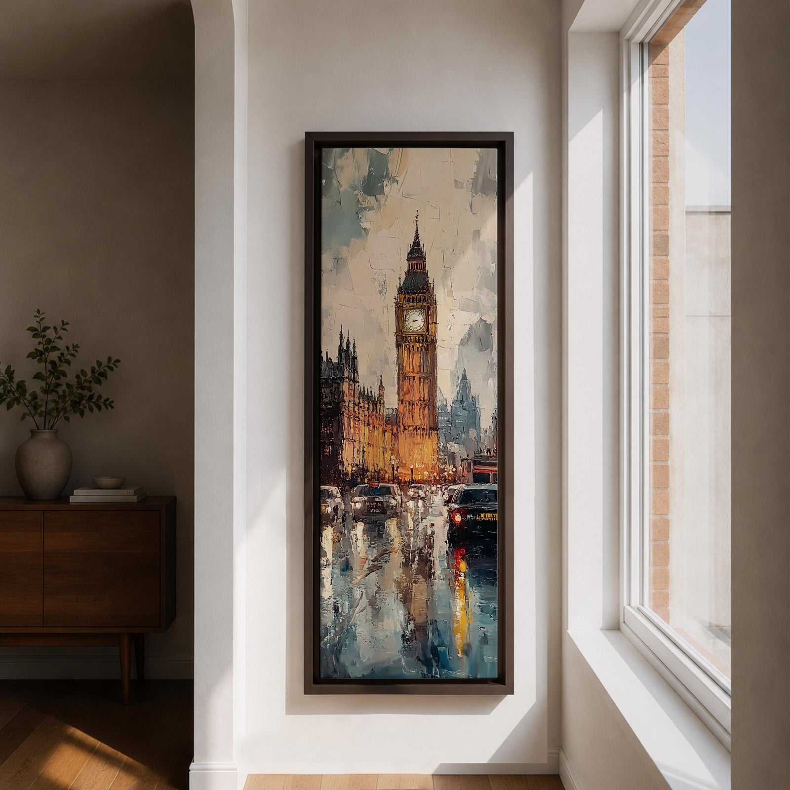 Long vertical painting of Big Ben rising above Westminster with the illuminated clock tower reflecting across a rain soaked London street. Cars and city lights shimmer on wet pavement while expressive brushstrokes capture the moody atmosphere of an evening cityscape around the iconic landmark.