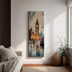 Long vertical painting of Big Ben rising above Westminster with the illuminated clock tower reflecting across a rain soaked London street. Cars and city lights shimmer on wet pavement while expressive brushstrokes capture the moody atmosphere of an evening cityscape around the iconic landmark.