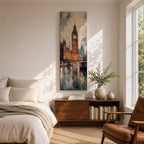 Long vertical painting of Big Ben rising above Westminster with the illuminated clock tower reflecting across a rain soaked London street. Cars and city lights shimmer on wet pavement while expressive brushstrokes capture the moody atmosphere of an evening cityscape around the iconic landmark.