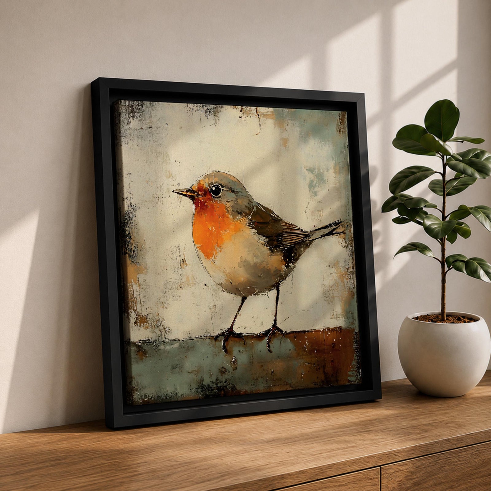 Robin Wall Art European Redbreast Framed Canvas Cottagecore Wildlife Vintage Animal Boho Home Decor