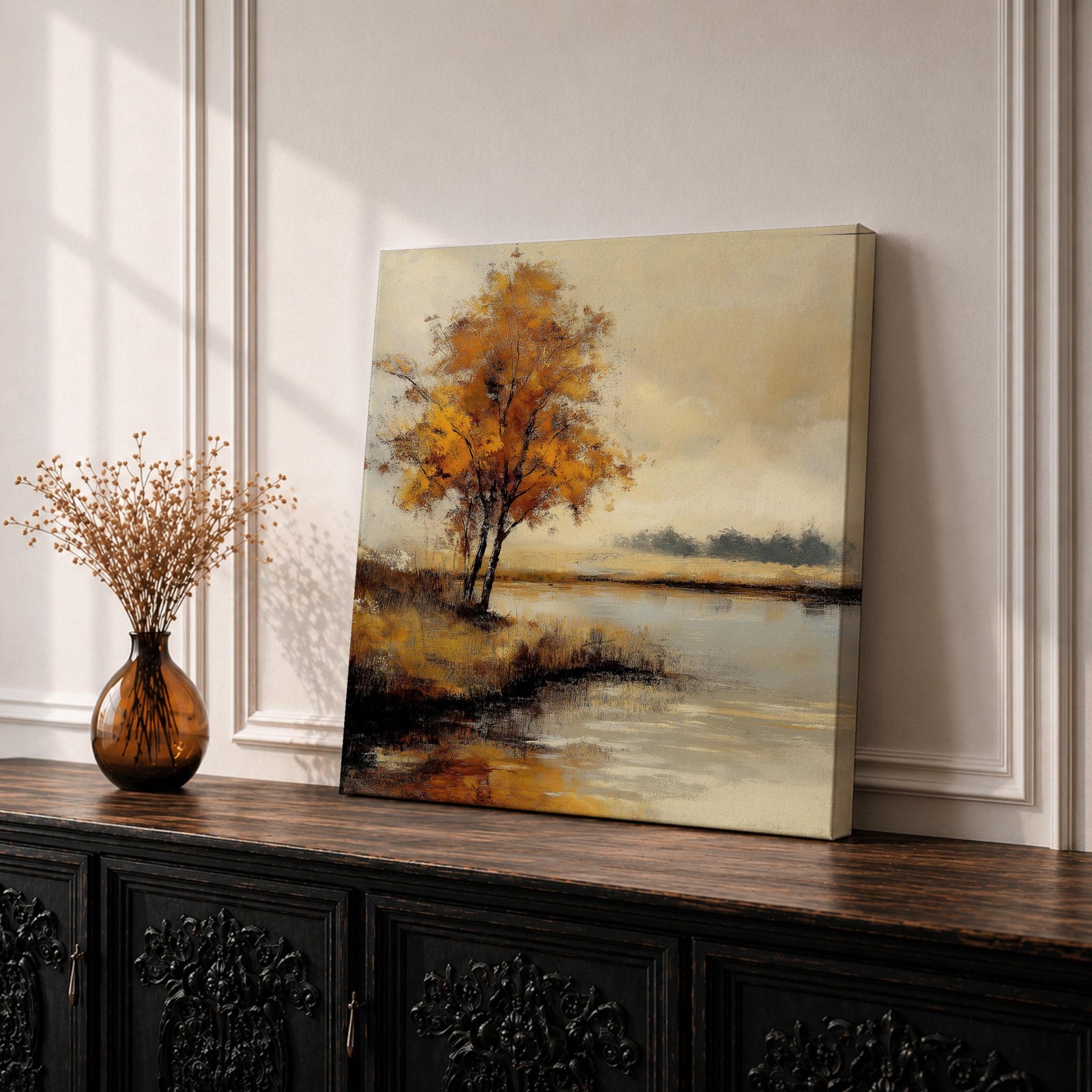 Autumn Landscape Wall Art Fall Foliage Framed Canvas Rustic Vintage Farmhouse Cottage Home Decor