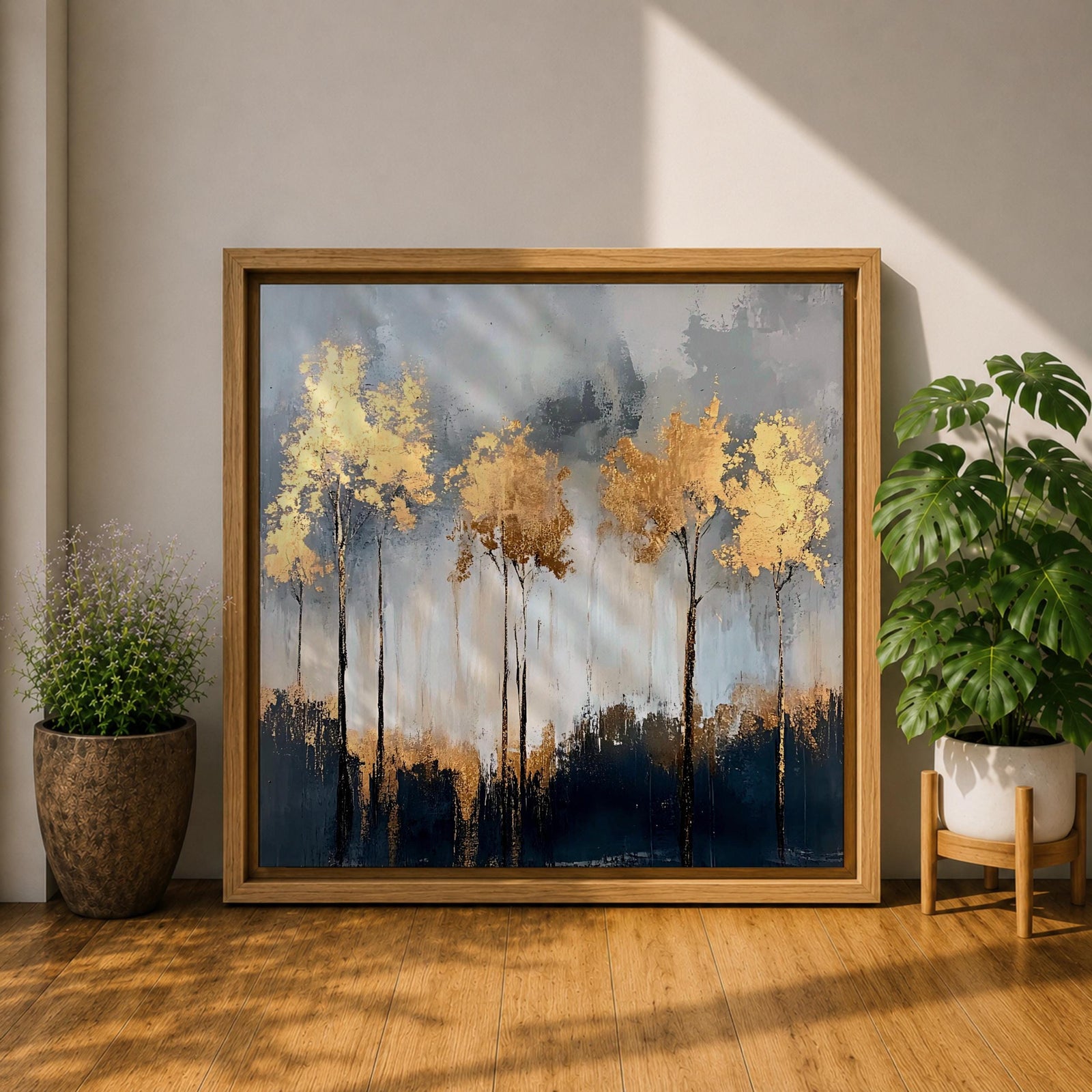 Golden Forest Wall Art Autumn Trees Framed Canvas Woodland Abstract Rustic Farmhouse Home Decor
