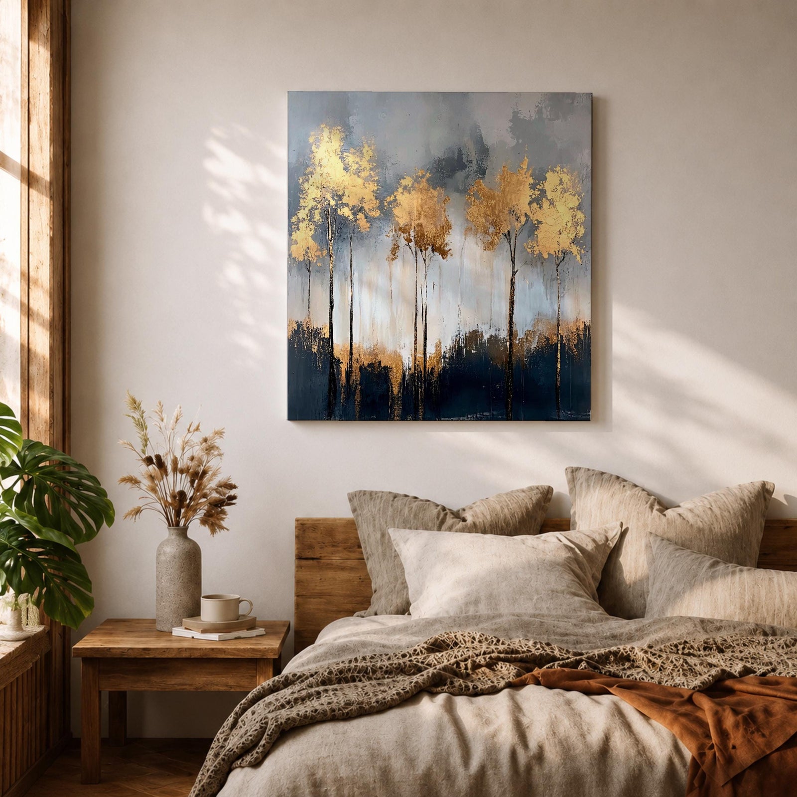Golden Forest Wall Art Autumn Trees Framed Canvas Woodland Abstract Rustic Farmhouse Home Decor