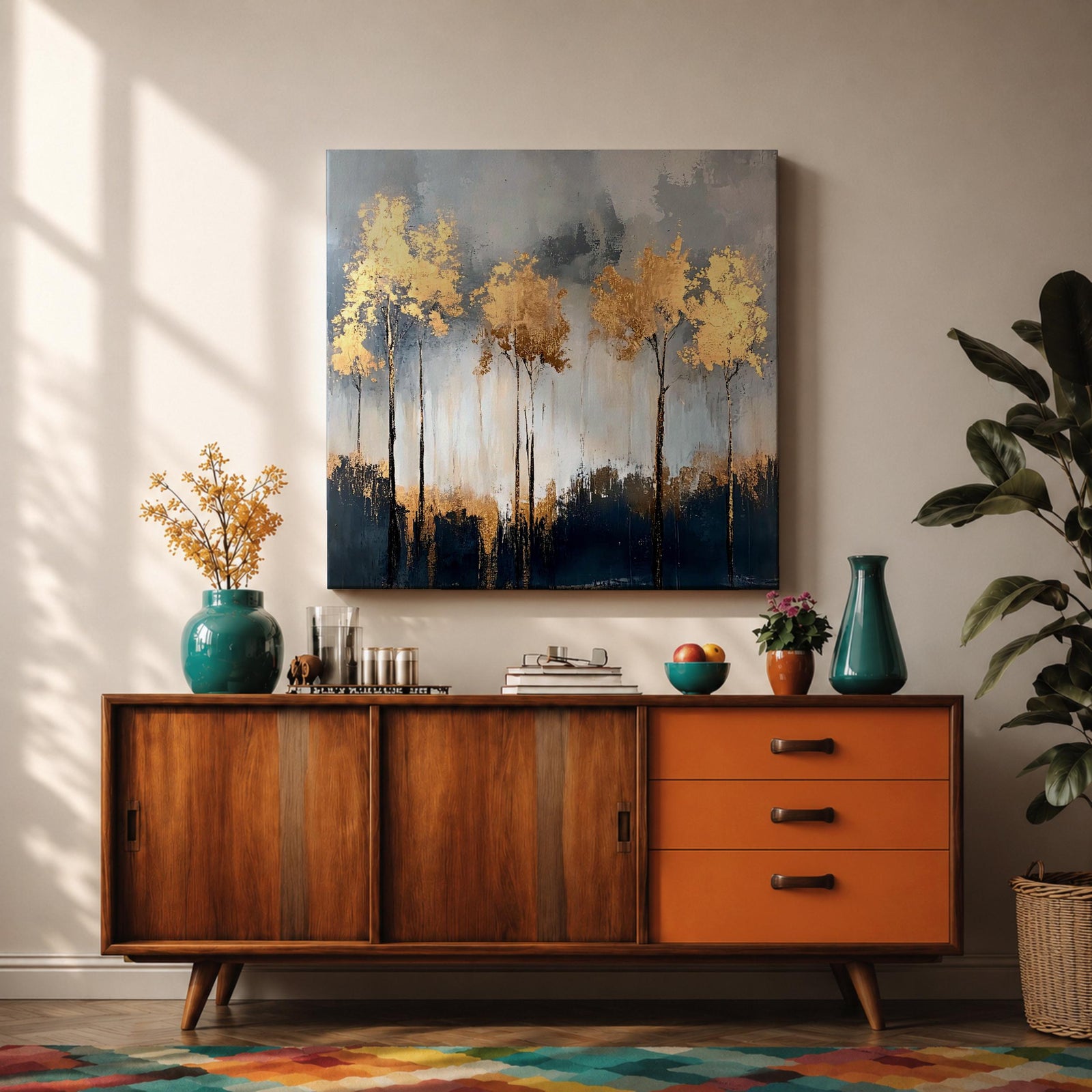 Golden Forest Wall Art Autumn Trees Framed Canvas Woodland Abstract Rustic Farmhouse Home Decor