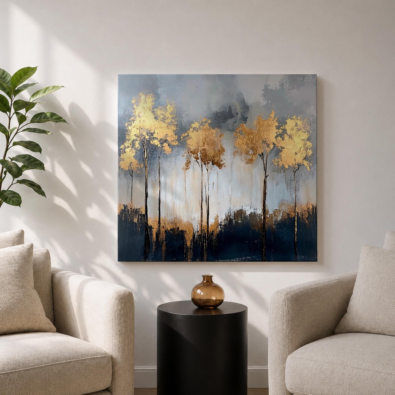 Golden Forest Wall Art Autumn Trees Framed Canvas Woodland Abstract Rustic Farmhouse Home Decor