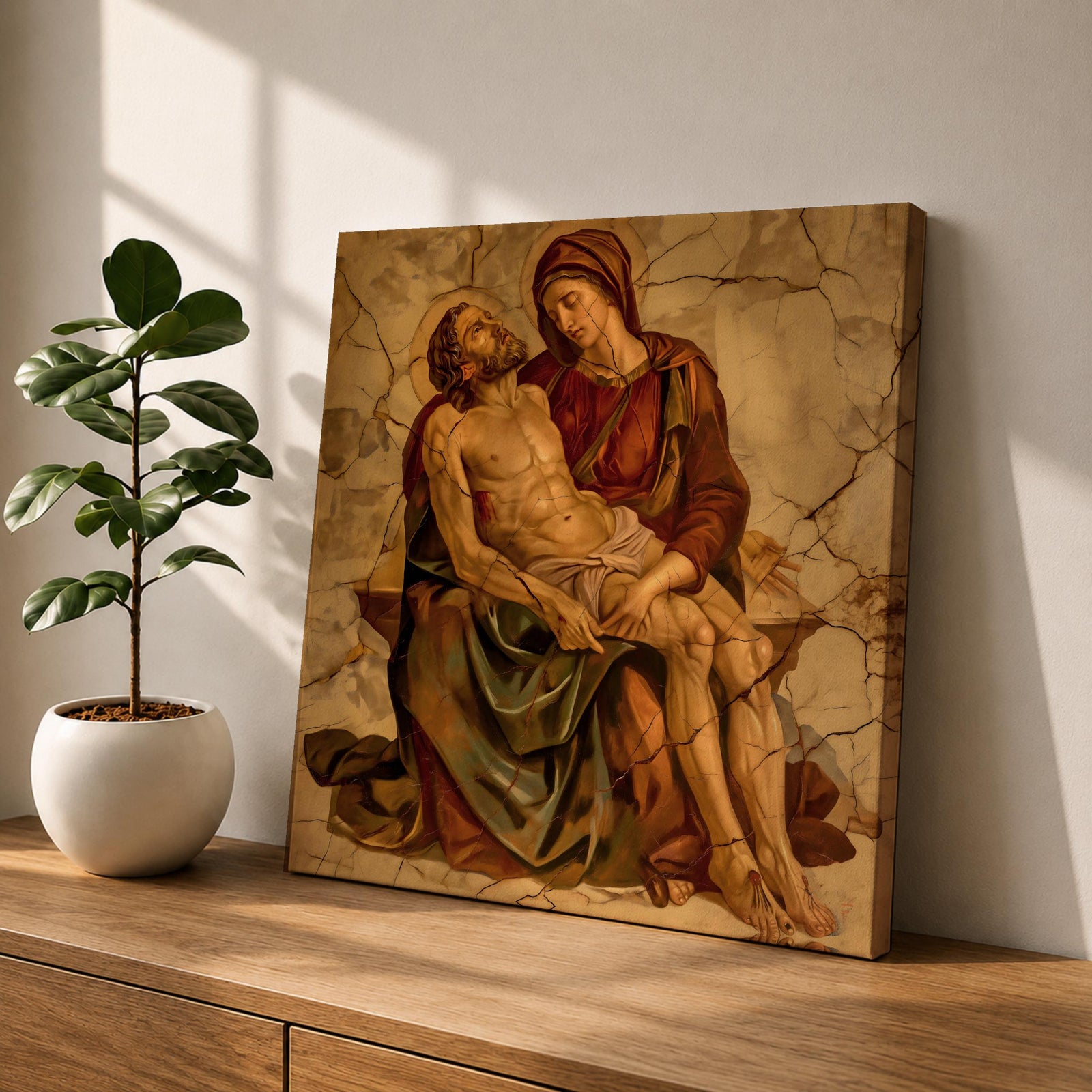 Pieta Wall Art Mater Dolorosa Framed Canvas Antique Vintage Catholic Prayer Room Decor