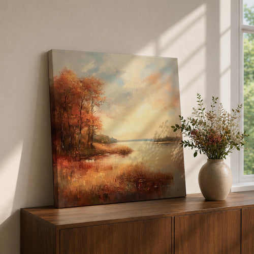 Autumn Lake Wall Art Fall Lakeside Framed Canvas Rustic Vintage Landscape Cottage Home Decor