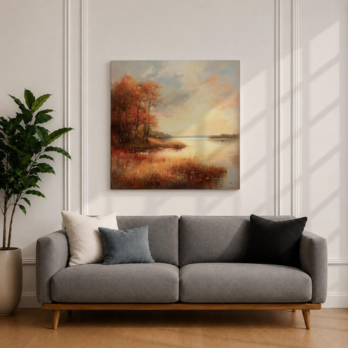 Autumn Lake Wall Art Fall Lakeside Framed Canvas Rustic Vintage Landscape Cottage Home Decor