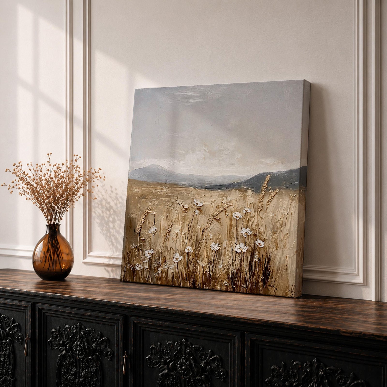 Wheat Field Wall Art Golden Meadow Framed Canvas Countryside Impasto Landscape Farmhouse Home Decor