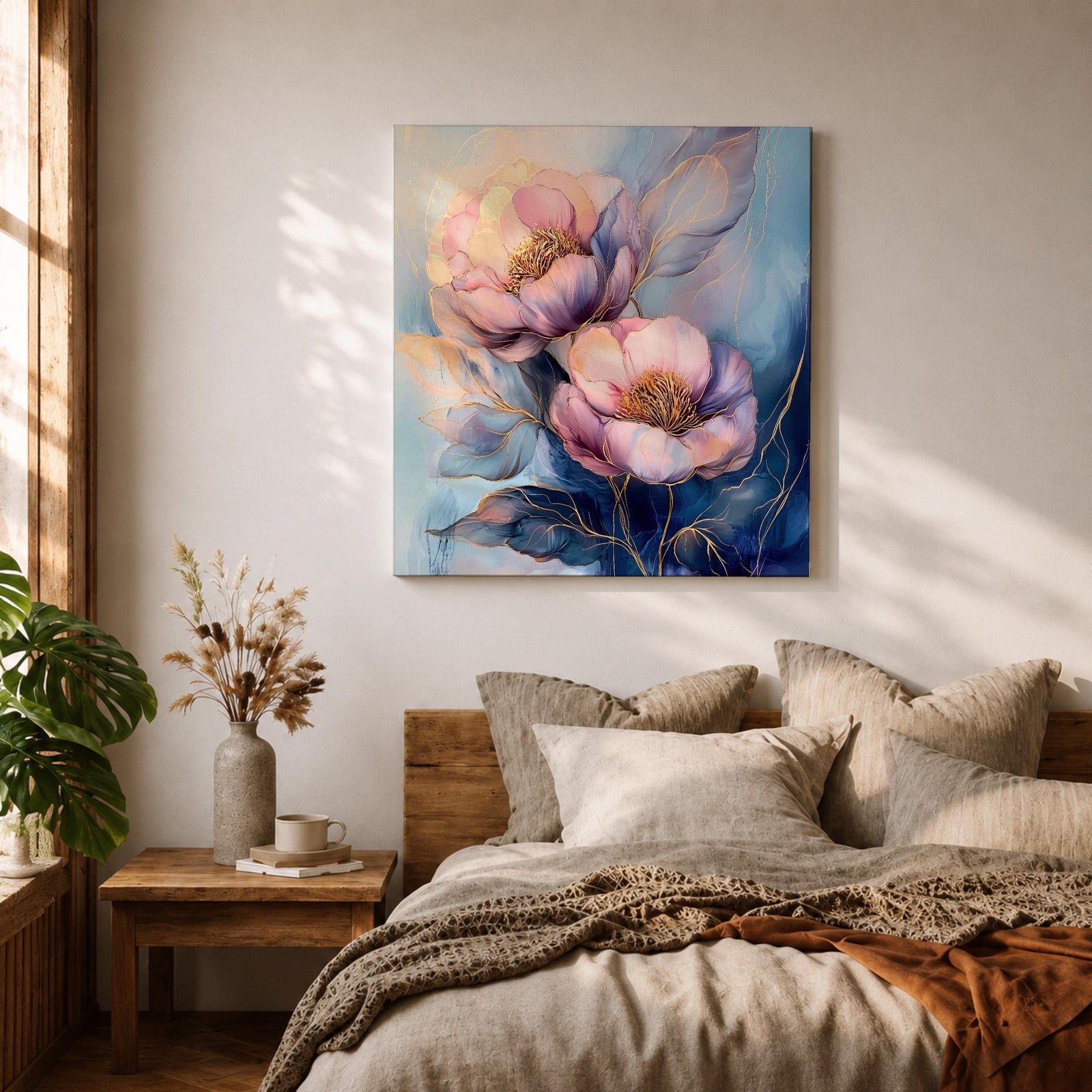 Peony Wall Art Garden Flower Framed Canvas Botanical Gold Accent Boho Home Decor