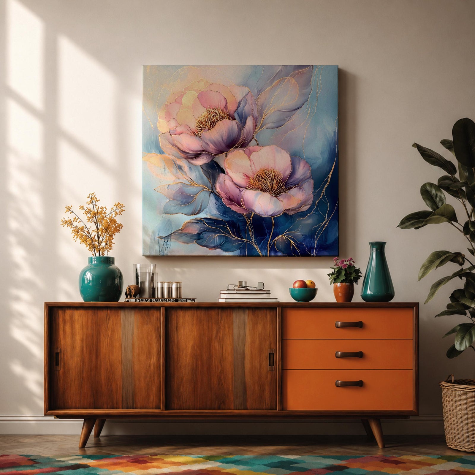 Peony Wall Art Garden Flower Framed Canvas Botanical Gold Accent Boho Home Decor