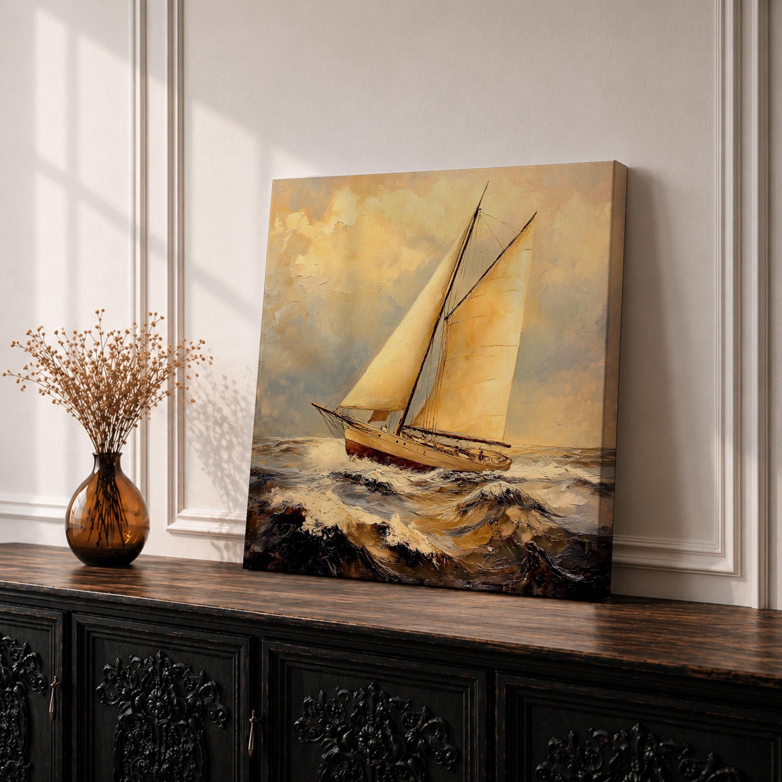Sailboat Wall Art Sailing Ship Framed Canvas Nautical Coastal Vintage Landscape Coastal Home Decor