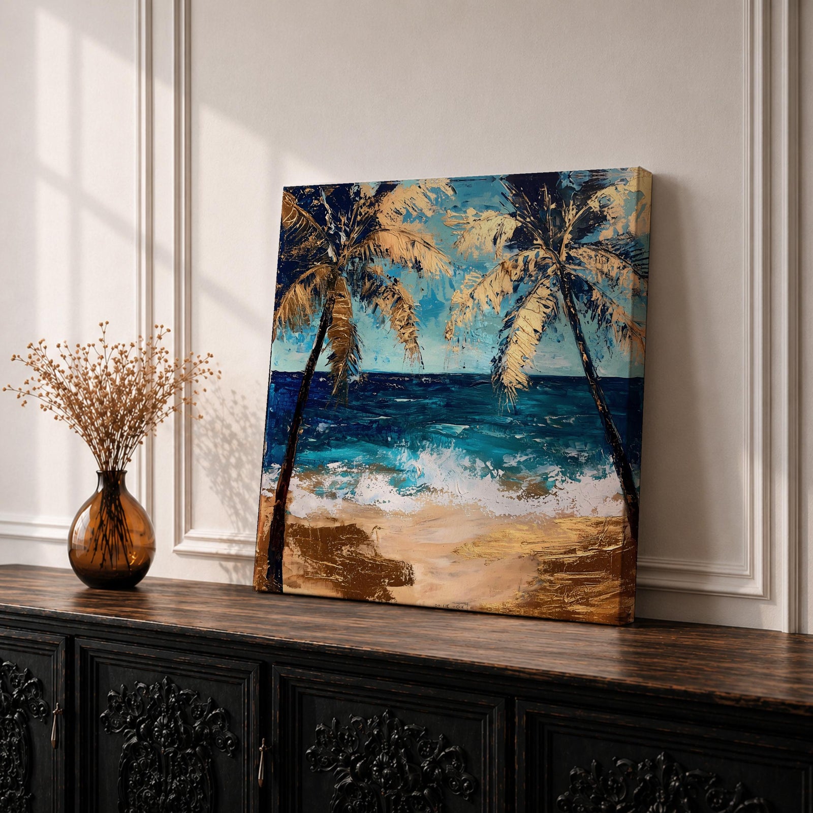 Tropical Palm Tree Wall Art Beach Landscape Framed Canvas Coastal Ocean Living Room Decor