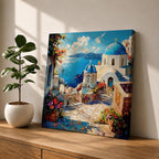 Santorini Blue Dome Wall Art Greek Island Framed Canvas Mediterranean Coastal Village Bedroom Decor