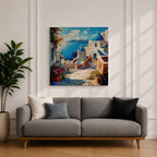 Santorini Blue Dome Wall Art Greek Island Framed Canvas Mediterranean Coastal Village Bedroom Decor