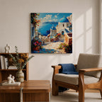 Santorini Blue Dome Wall Art Greek Island Framed Canvas Mediterranean Coastal Village Bedroom Decor