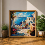 Santorini Blue Dome Wall Art Greek Island Framed Canvas Mediterranean Coastal Village Bedroom Decor