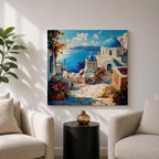 Santorini Blue Dome Wall Art Greek Island Framed Canvas Mediterranean Coastal Village Bedroom Decor