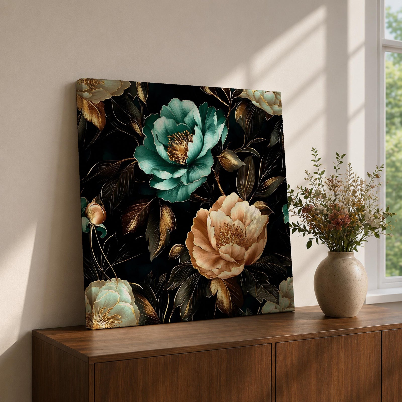 Peony Wall Art Dark Botanical Flower Framed Canvas Gold Accent Boho Home Decor
