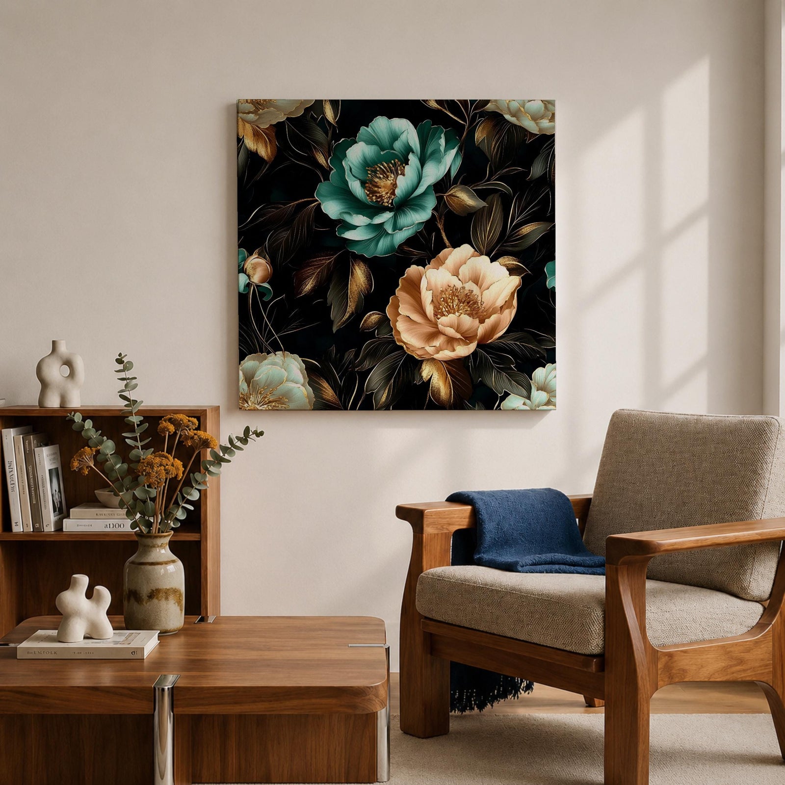 Peony Wall Art Dark Botanical Flower Framed Canvas Gold Accent Boho Home Decor