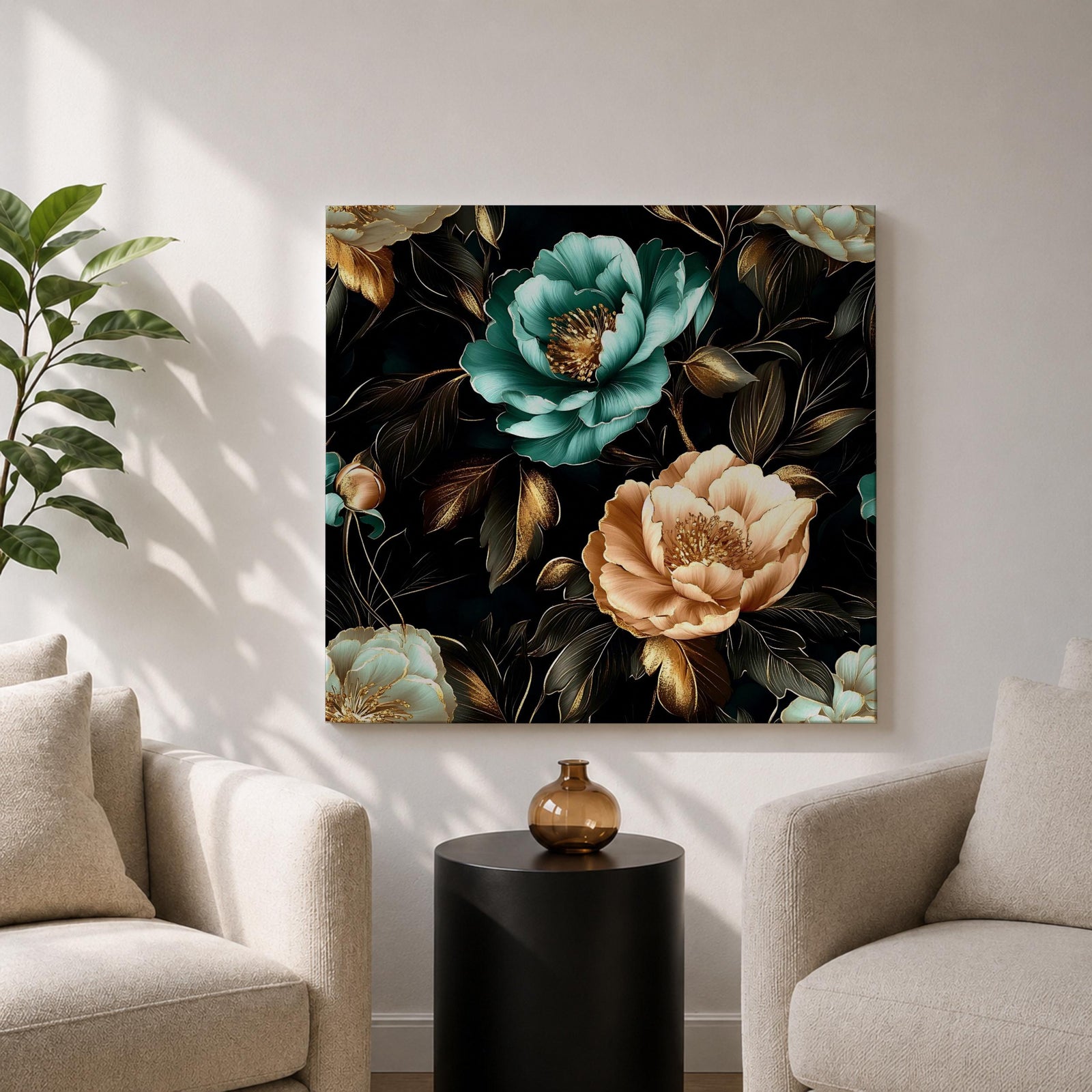 Peony Wall Art Dark Botanical Flower Framed Canvas Gold Accent Boho Home Decor