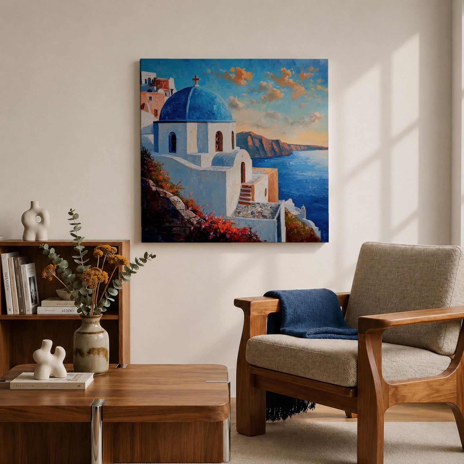 Santorini Church Wall Art Greek Island Framed Canvas Mediterranean Coastal Landscape Living Room Decor
