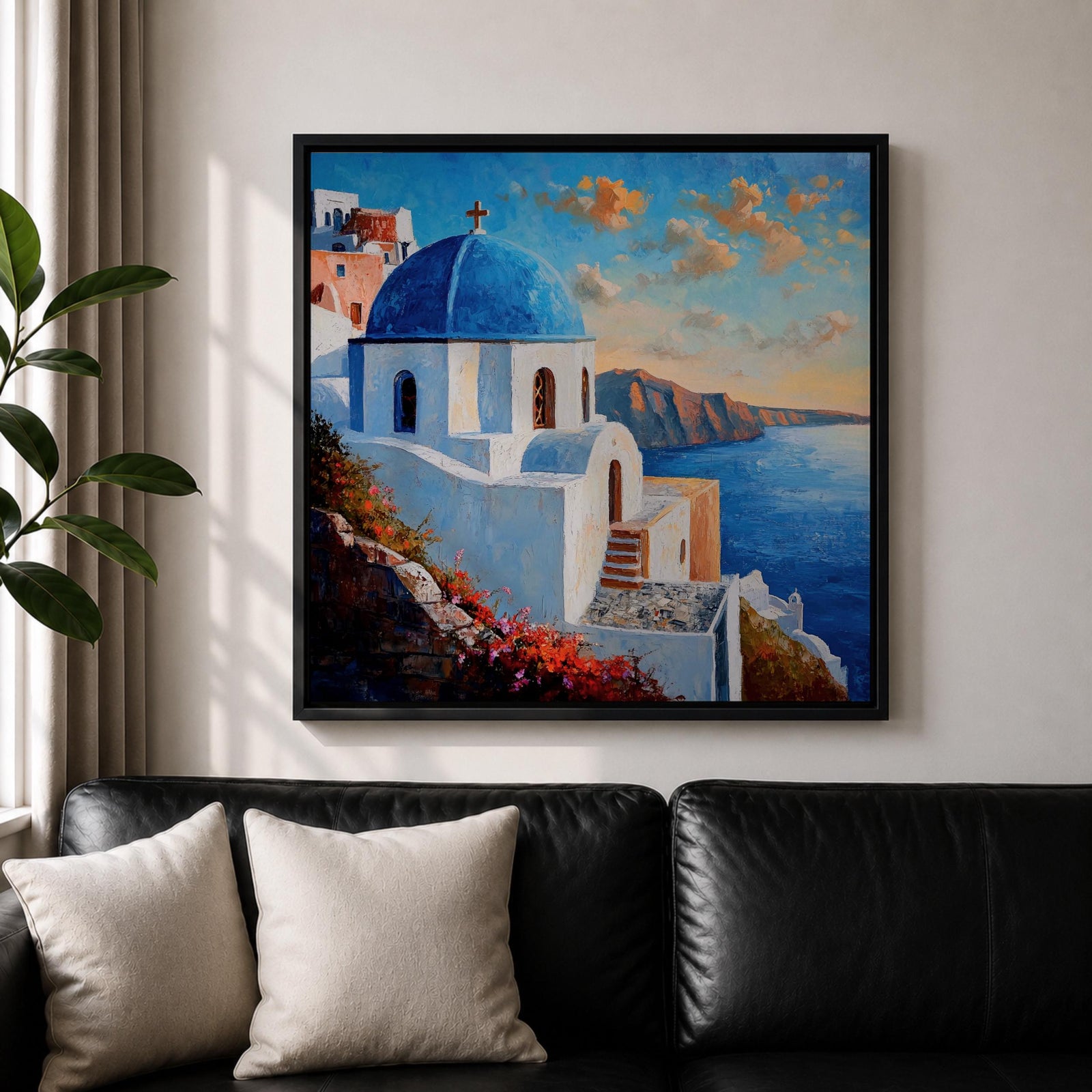 Santorini Church Wall Art Greek Island Framed Canvas Mediterranean Coastal Landscape Living Room Decor