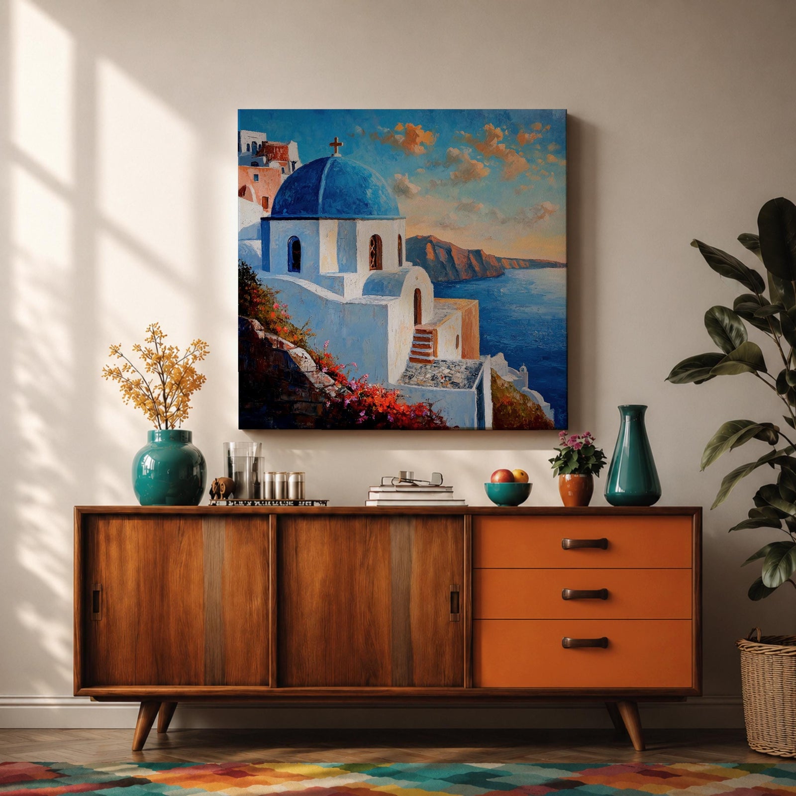 Santorini Church Wall Art Greek Island Framed Canvas Mediterranean Coastal Landscape Living Room Decor