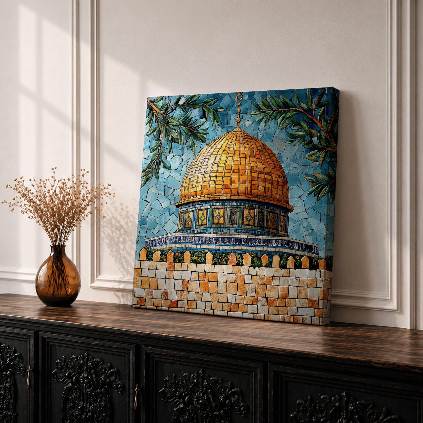 Dome of the Rock Mosaic Wall Art Jerusalem Framed Canvas Islamic Cultural Home Decor