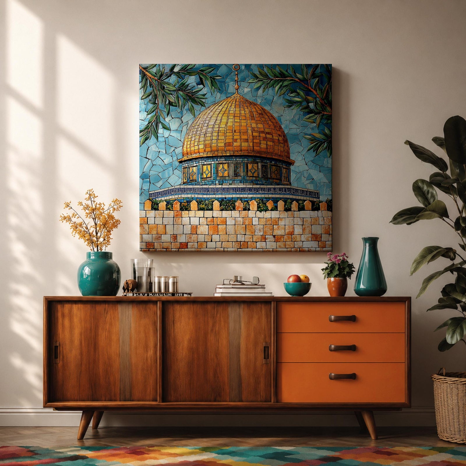 Dome of the Rock Mosaic Wall Art Jerusalem Framed Canvas Islamic Cultural Home Decor