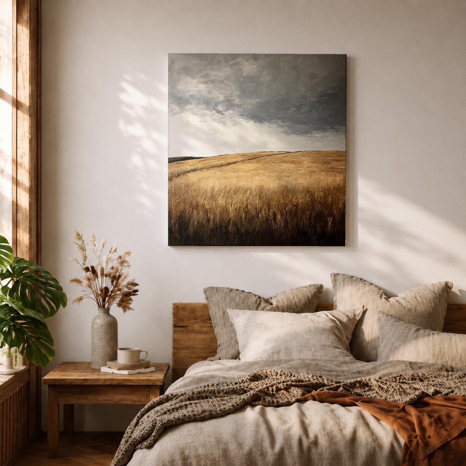 Stormy Field Wall Art Golden Meadow Framed Canvas Farmhouse Nature Rustic Home Decor