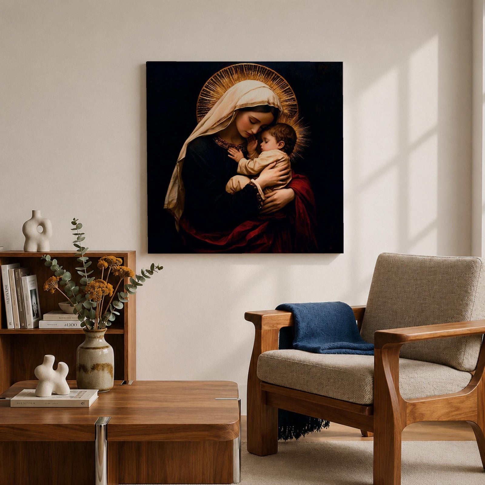 Madonna and Child Wall Art Mother Embrace Framed Canvas Mary and Jesus Catholic Decor