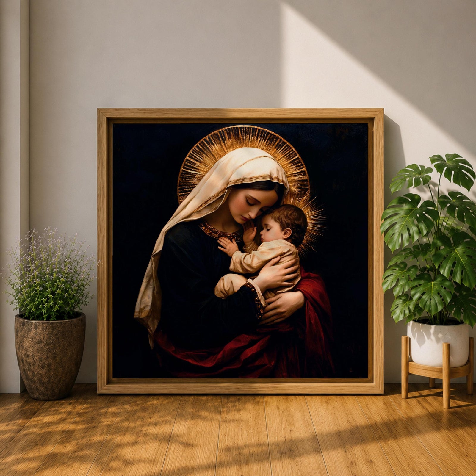 Madonna and Child Wall Art Mother Embrace Framed Canvas Mary and Jesus Catholic Decor