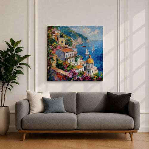 Amalfi Coast Wall Art Mediterranean Italy Framed Canvas Coastal Village Seascape Living Room Decor