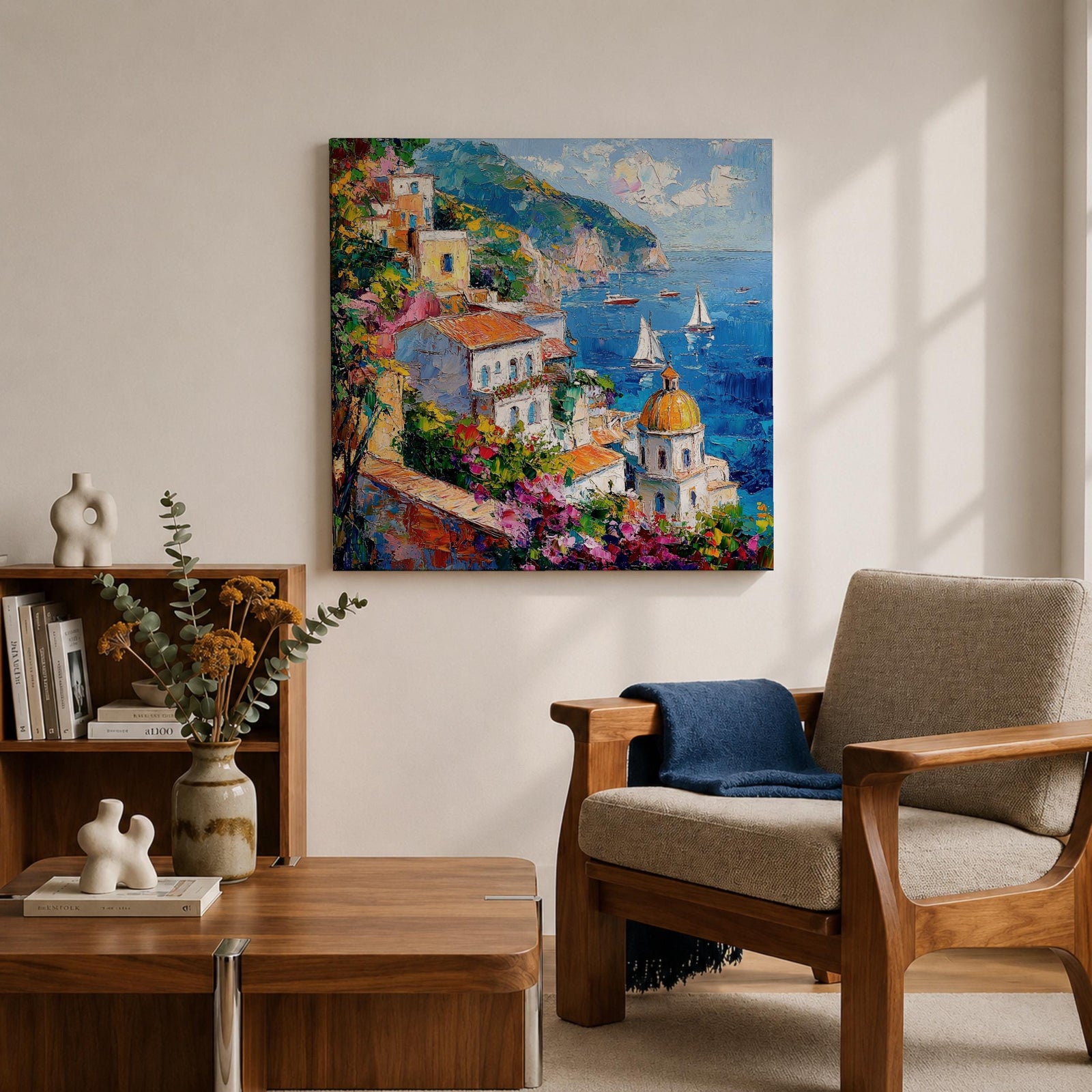 Amalfi Coast Wall Art Mediterranean Italy Framed Canvas Coastal Village Seascape Living Room Decor