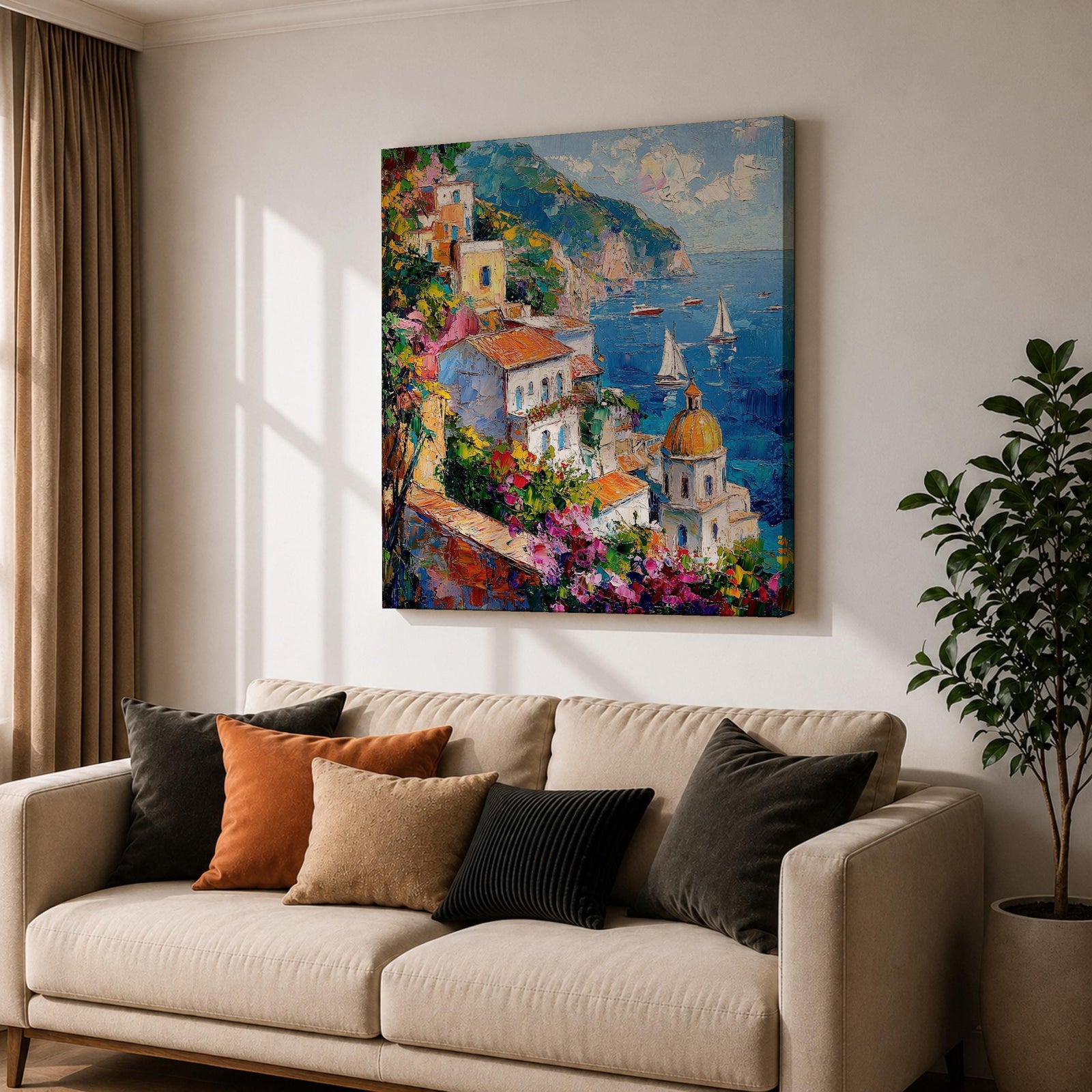Amalfi Coast Wall Art Mediterranean Italy Framed Canvas Coastal Village Seascape Living Room Decor