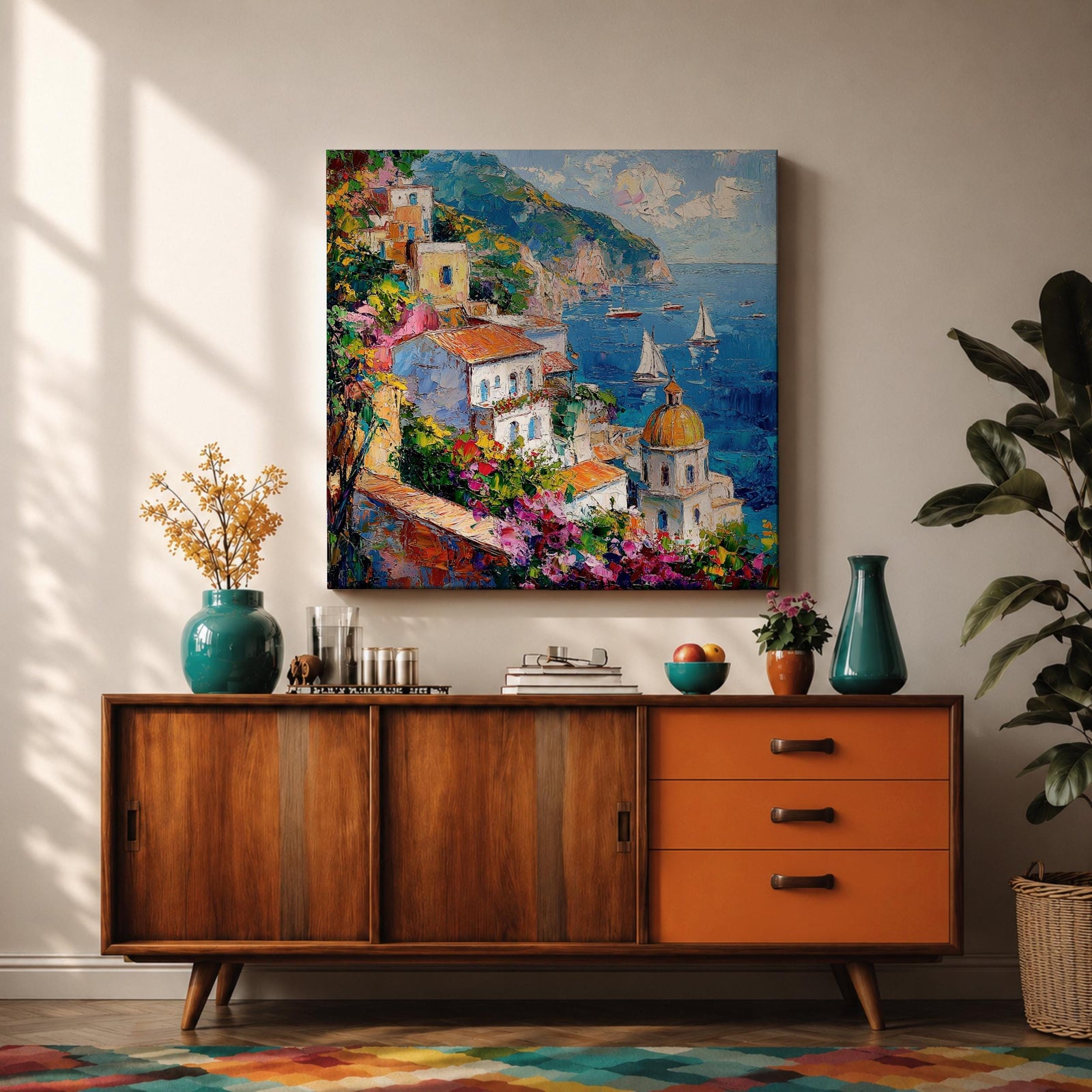 Amalfi Coast Wall Art Mediterranean Italy Framed Canvas Coastal Village Seascape Living Room Decor
