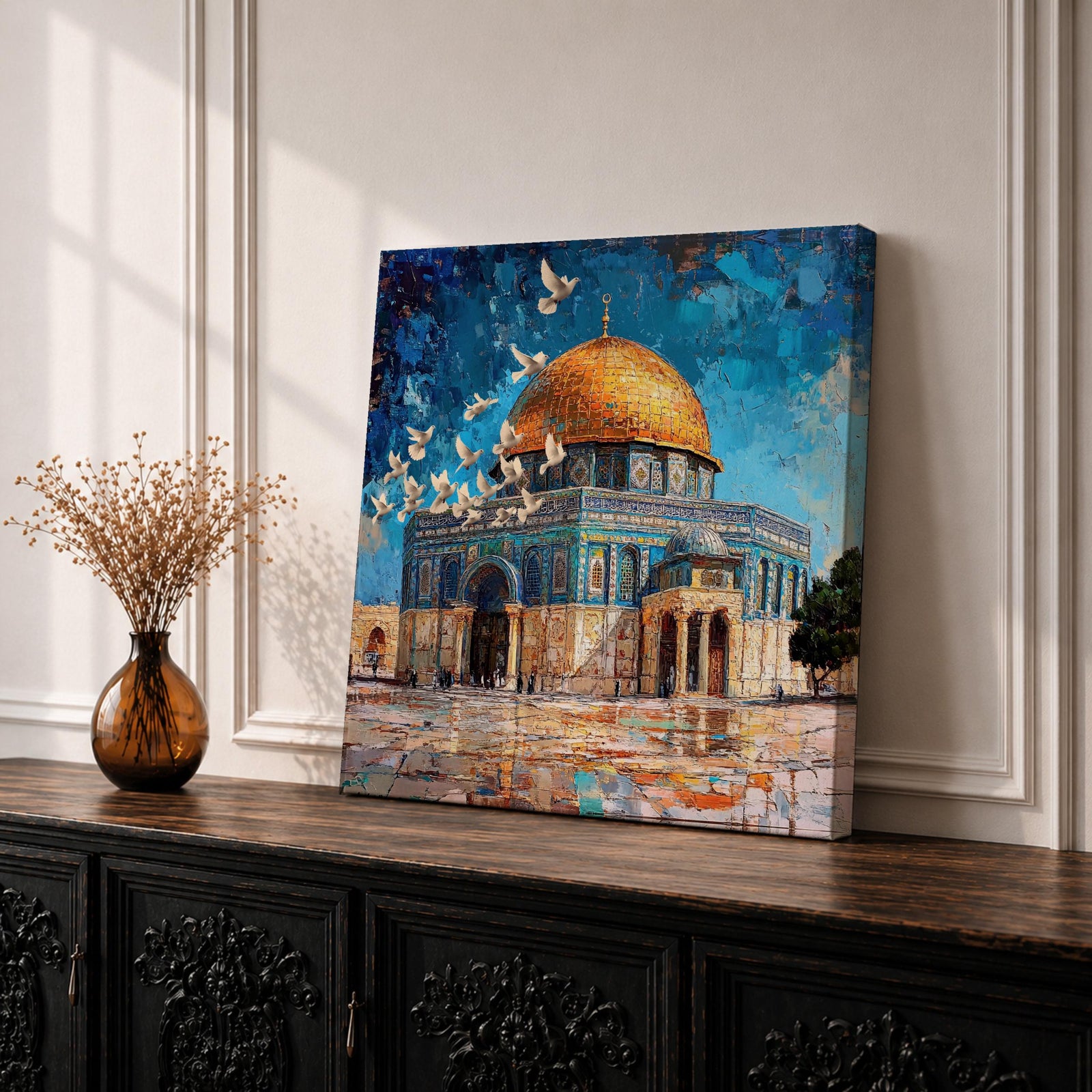 Dome of the Rock Wall Art Textured Framed Canvas Qubbat Sakhra Jerusalem Islamic Decor