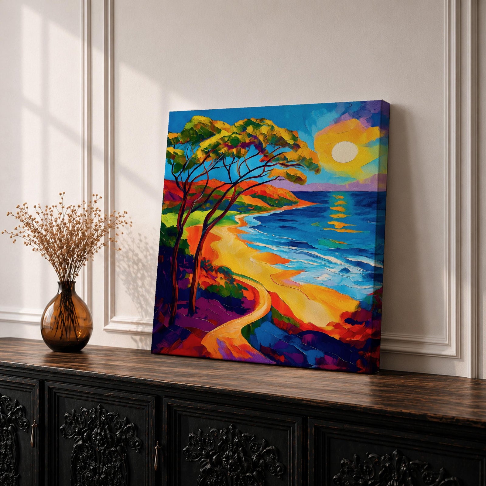 Coastal Pathway Wall Art Beach Trail Framed Canvas Ocean Sunset Abstract Landscape Bedroom Decor