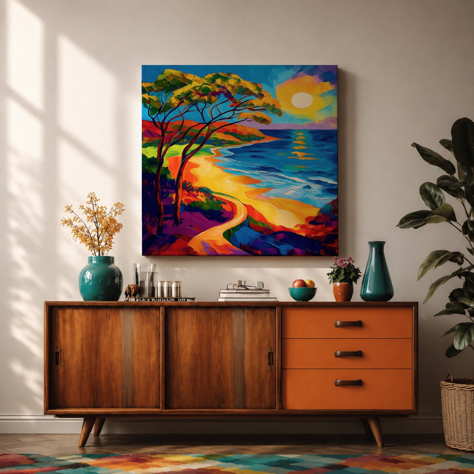 Coastal Pathway Wall Art Beach Trail Framed Canvas Ocean Sunset Abstract Landscape Bedroom Decor